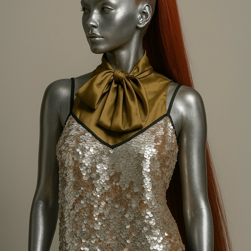 Gold Sequin Top with Bow Satin Blouse Detail